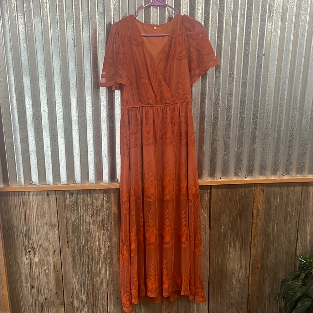 Brown and Orange Puff Sleeve V-Neck Maxi Dress